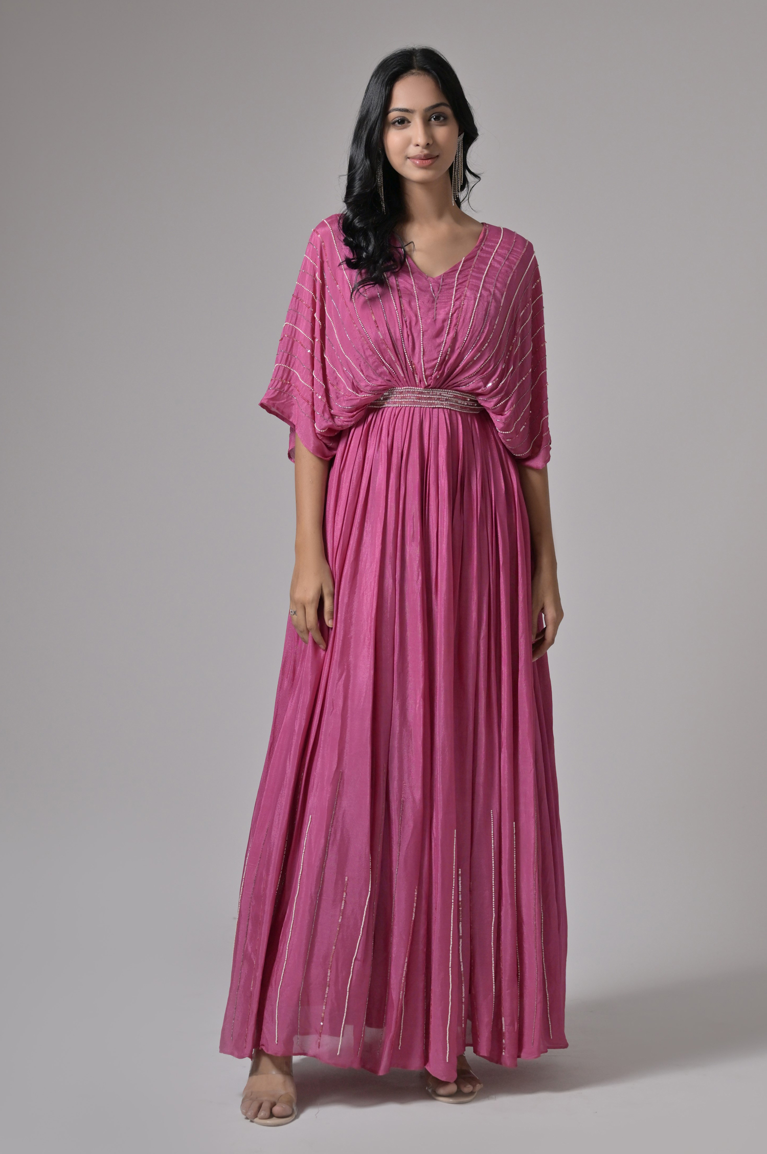 Onion Pink Chinnon Hand embroidered Gown